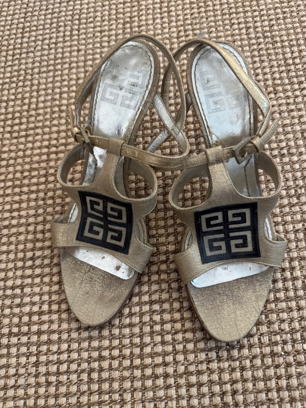 Authentic Givenchy Gold Leather Strappy Heels with Black Logo Medallion